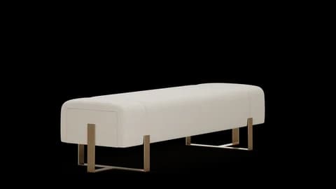 Cream upholstered bench on slender brushed metal legs, seen at a three-quarter angle