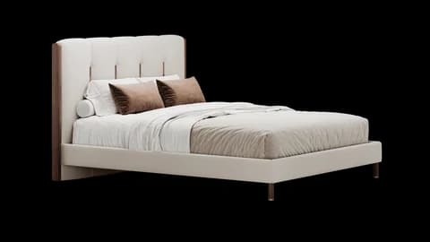 Upholstered bed with panelled headboard framed in walnut, dressed in cream and taupe