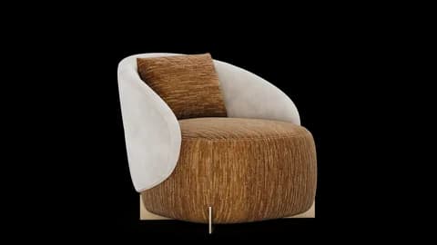 Rounded armchair with an ochre textured body, pale velvet shell and matching cushion