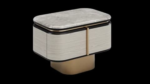 Rounded bedside table in pale Koto wood with grey marble top and brass plinth