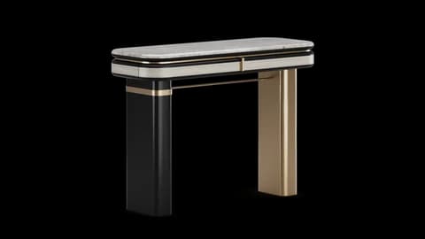 Angled view of the dressing table, one black column leg and one brass