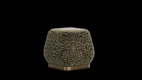 Faceted stool in olive patterned fabric on a brushed brass plinth