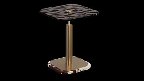 Square side table at an angle, dark rippled glass top over a brass column