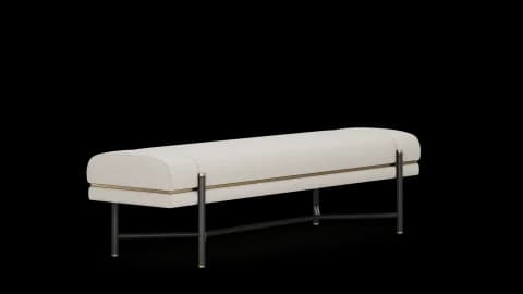 Upholstered bench with rolled ends on a black metal frame with brass detailing