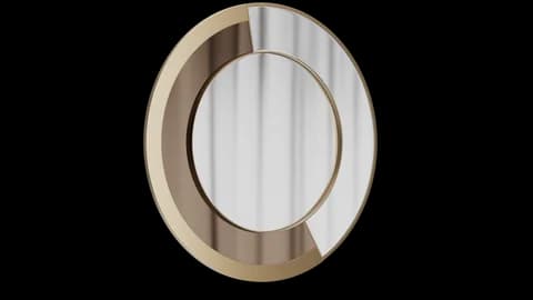 Round mirror seen at an angle, clear and bronze panels inside a brushed metal ring