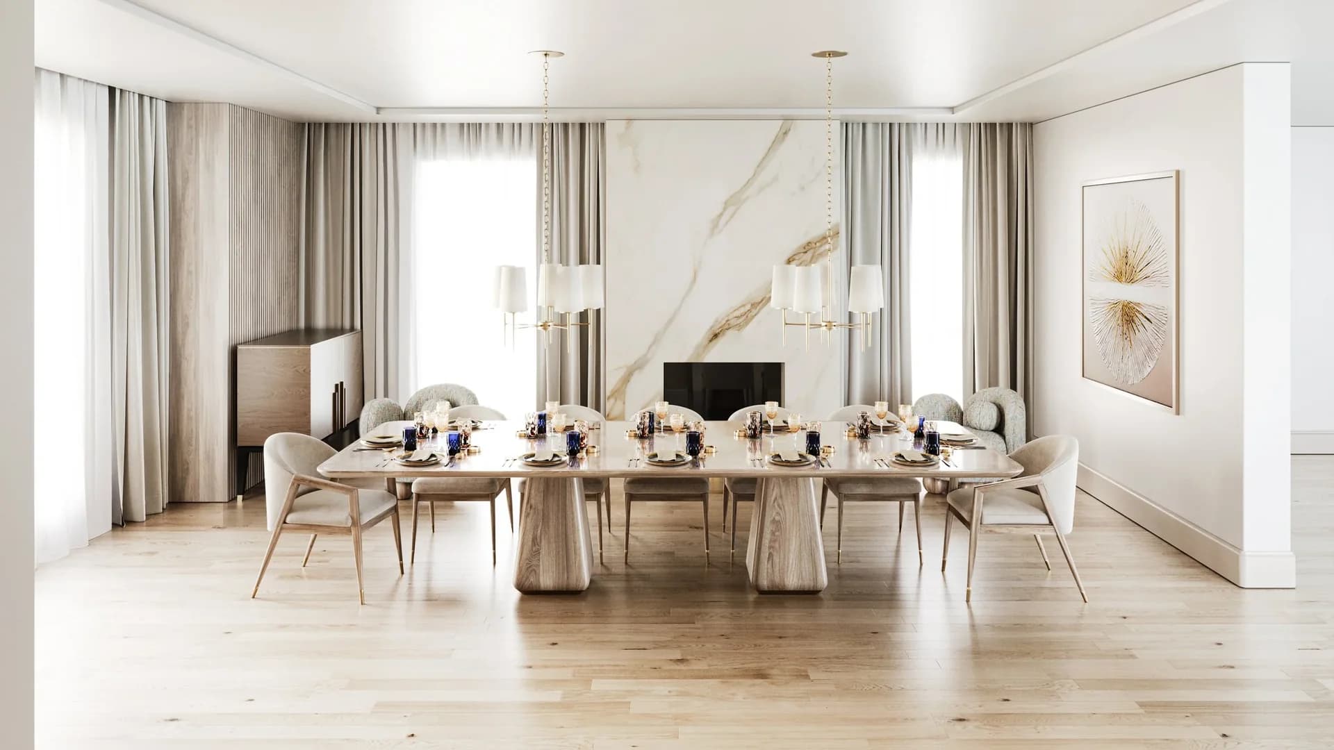 Pale dining table on two broad sculptural supports, framed by full-height curtains and a tall veined fireplace panel.