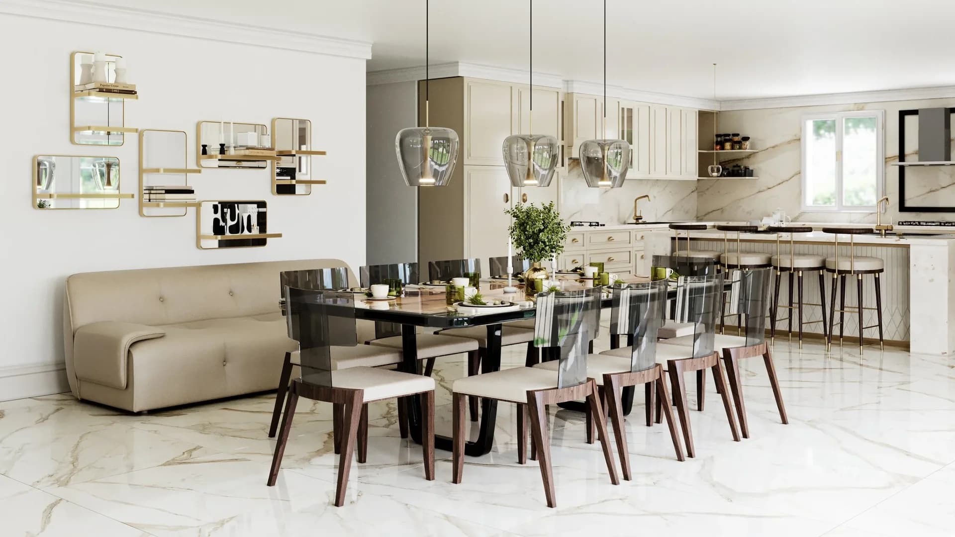 Ivory kitchen and island behind a dark dining table, translucent chair backs, glass pendants and warm wood chair legs.