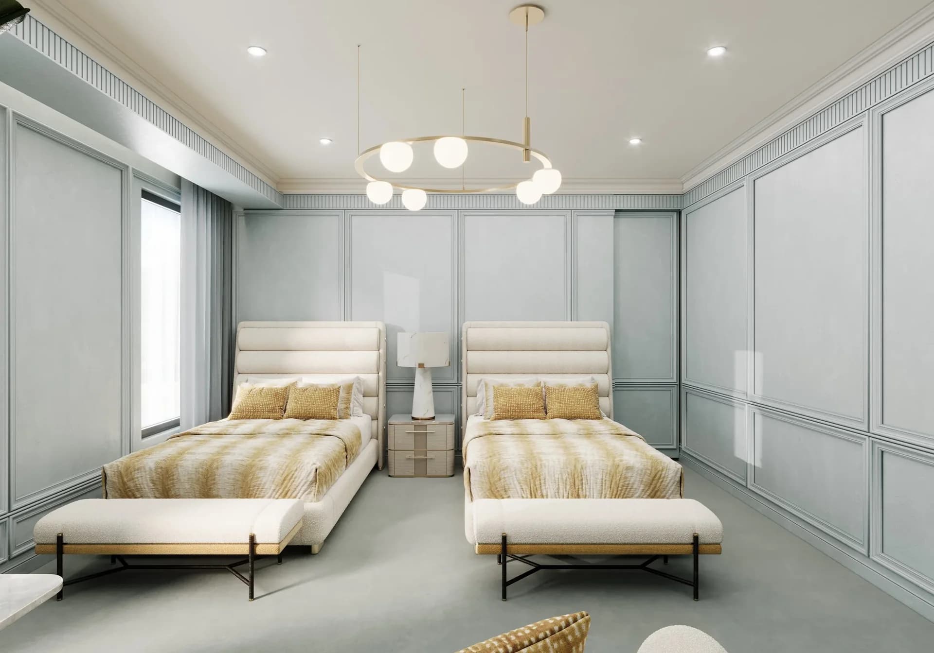 Two cream upholstered beds with ochre covers and matching benches against powder-blue panelled walls.