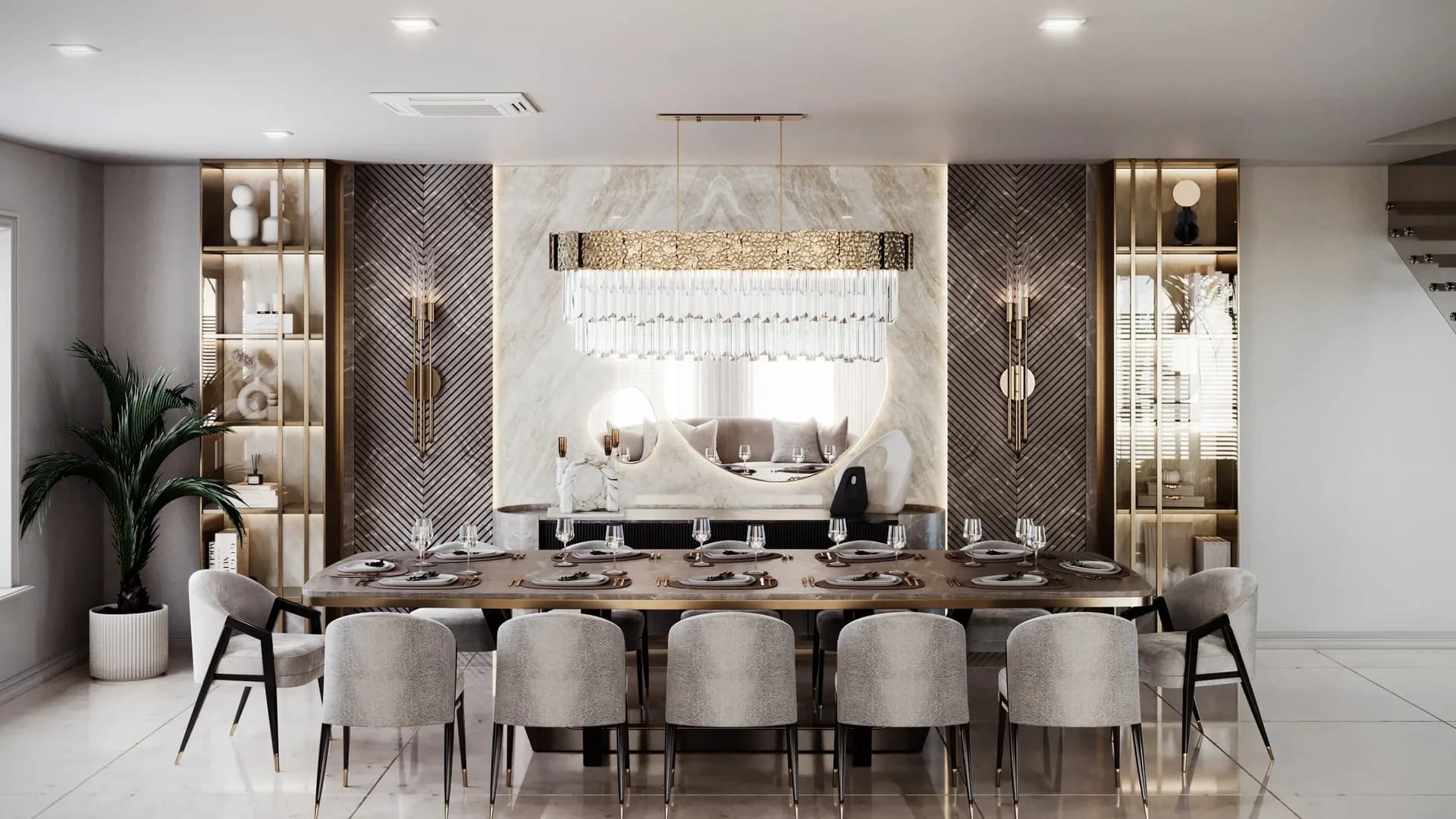 Dining table and pale upholstered chairs before overlapping round mirrors, dark chevron wall panels and illuminated shelving.