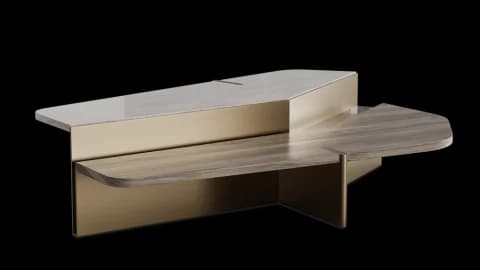 Two-tier coffee table, pale marble slab above a grey oak shelf on metal panels