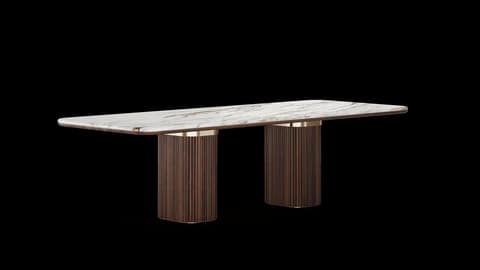 Dining table with veined white marble top on two reeded walnut column bases