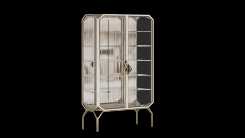 Display cabinet with clear glass doors and a fluted mirrored back on splayed metal legs
