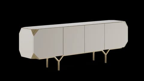 Long four-door sideboard in pale lacquer with faceted ends and Y-shaped brushed metal legs