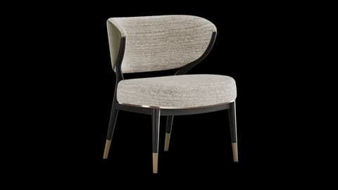 Armchair with a wrapped back in flecked greige weave, black oak frame, brass foot caps