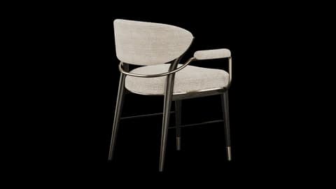 Rear three-quarter view of the armchair, curved brass armrail over a black oak frame