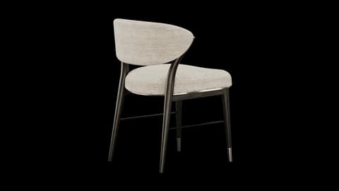Rear three-quarter view of the armless chair, curved back over a black oak frame