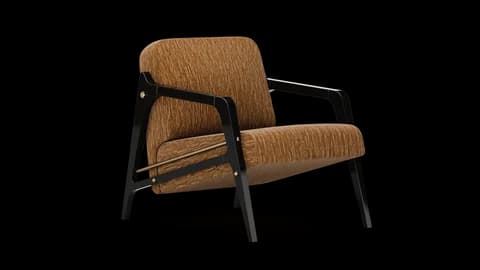 Lounge armchair in tan textured fabric on an angular black lacquered frame