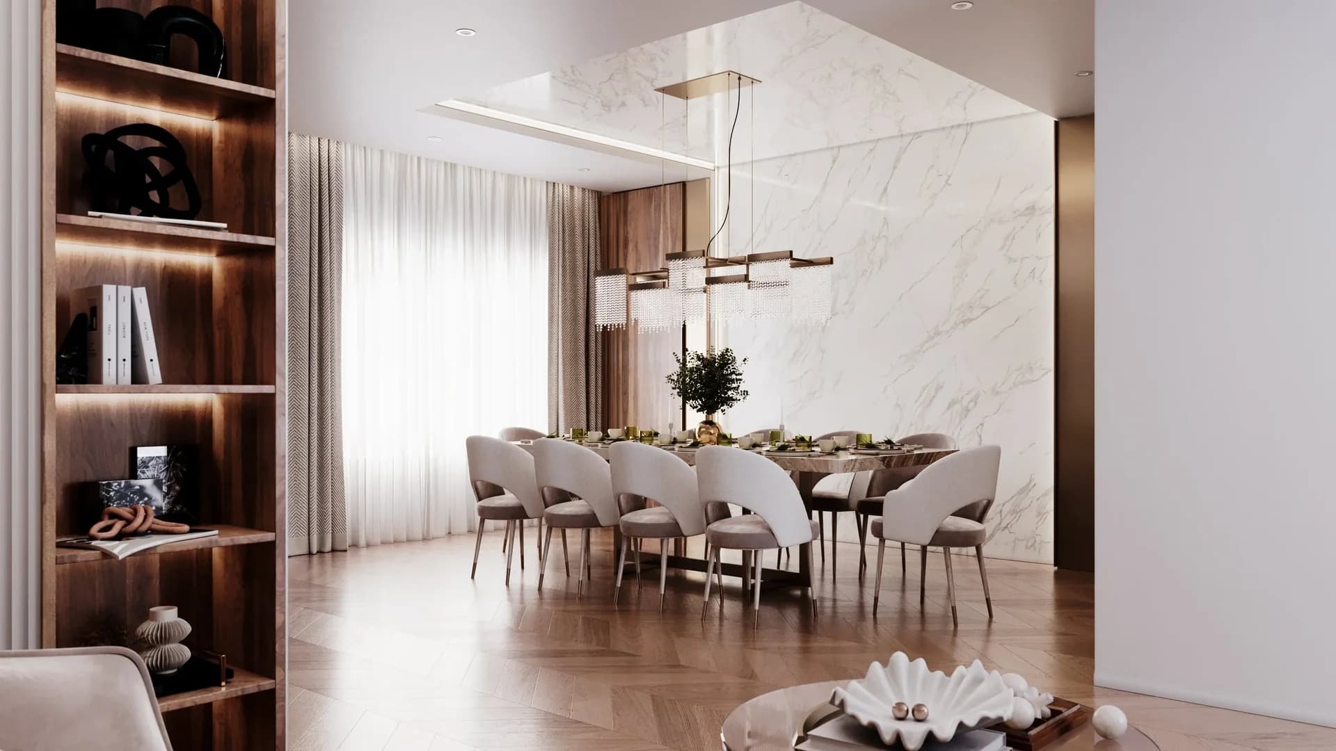 View through a broad opening into a dining room with curved upholstered chairs, a veined feature wall and warm wood shelving.