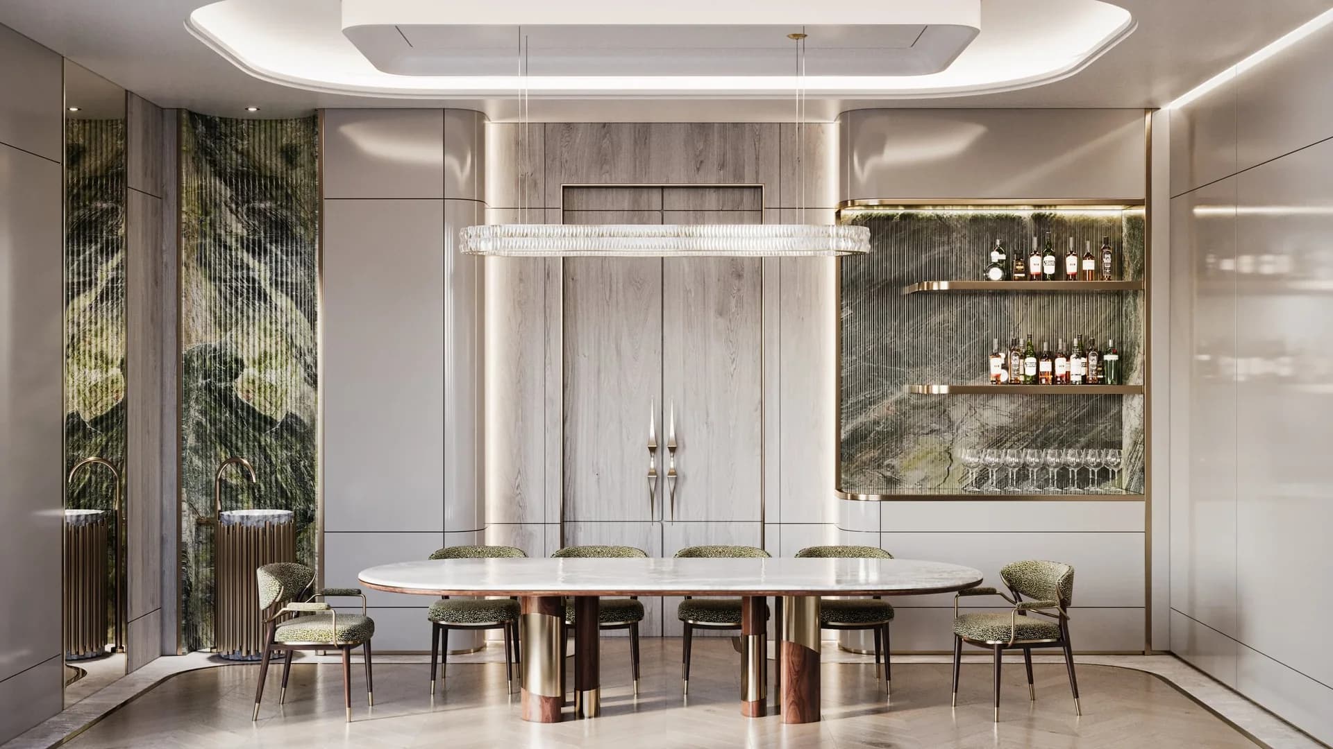 The same dining room with the table carried on a heavier brass and timber pedestal